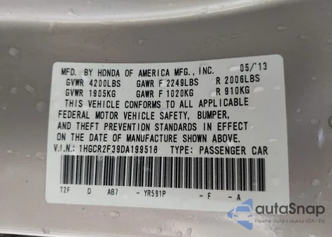 2013 Honda Accord Lx из США, поврежденный, VIN 1HGCR2F39DA199518